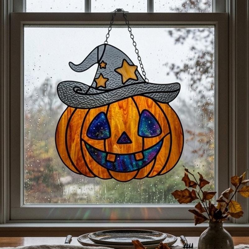 Witch Hat Pumpkin Glass Suncatcher