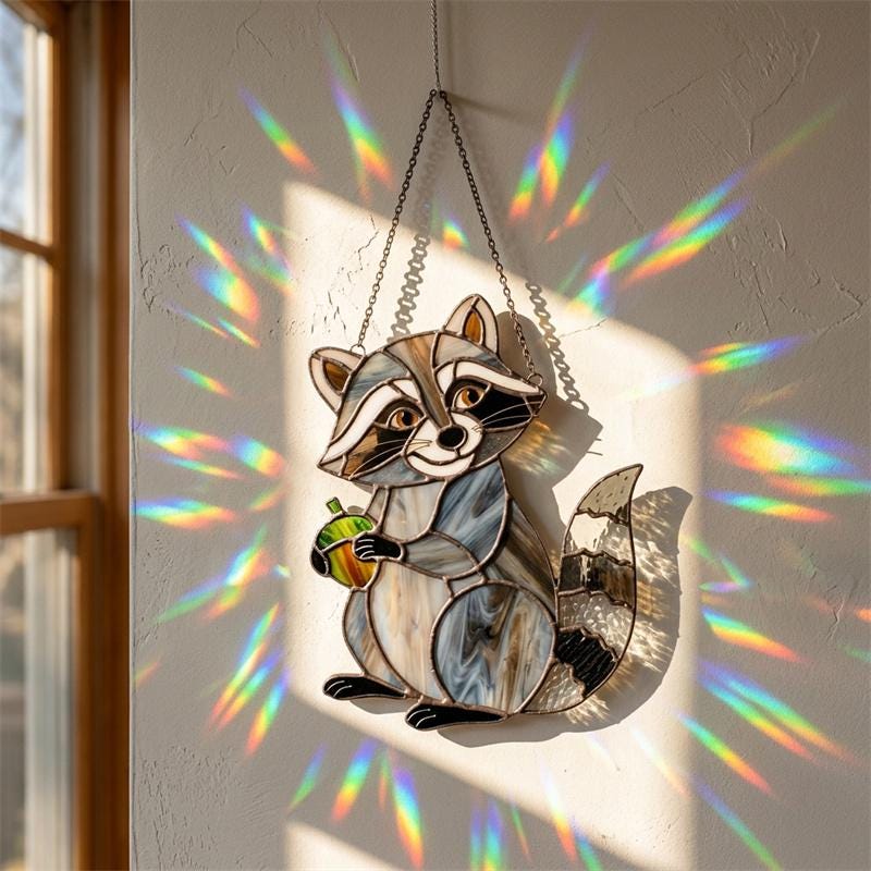 Rainbow Raccoon Glass Suncatcher