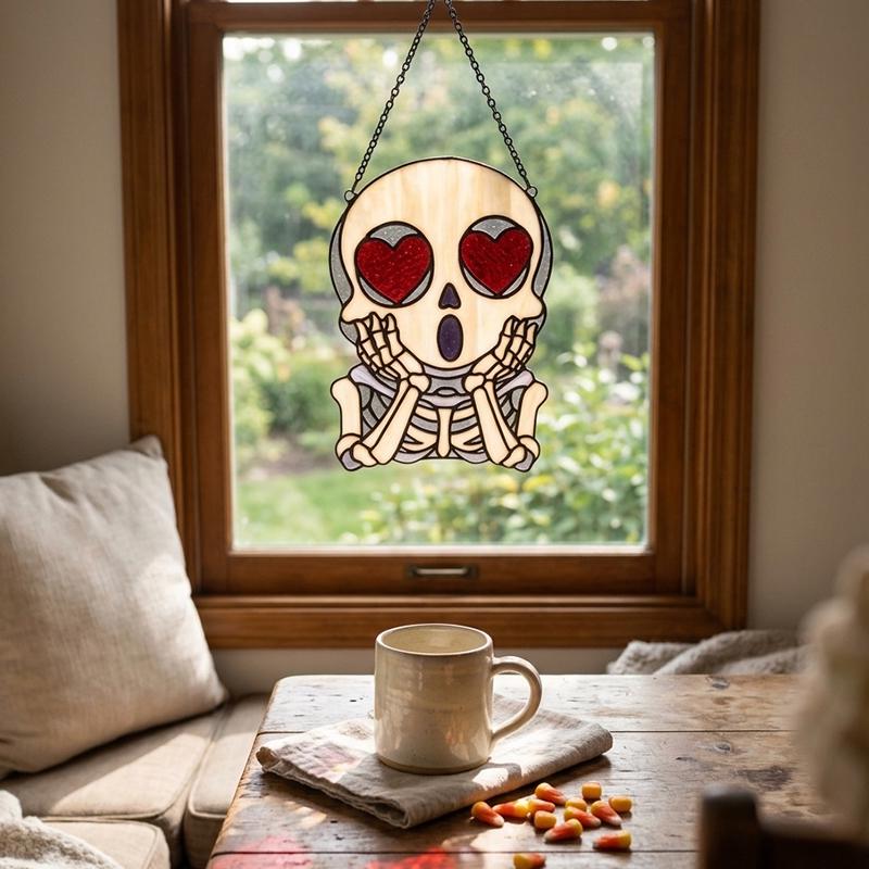 Heart-Eyed Skeleton Glass Suncatcher
