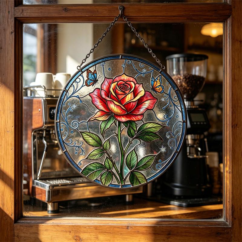 Rose and Butterfly Glass Wall Hanging