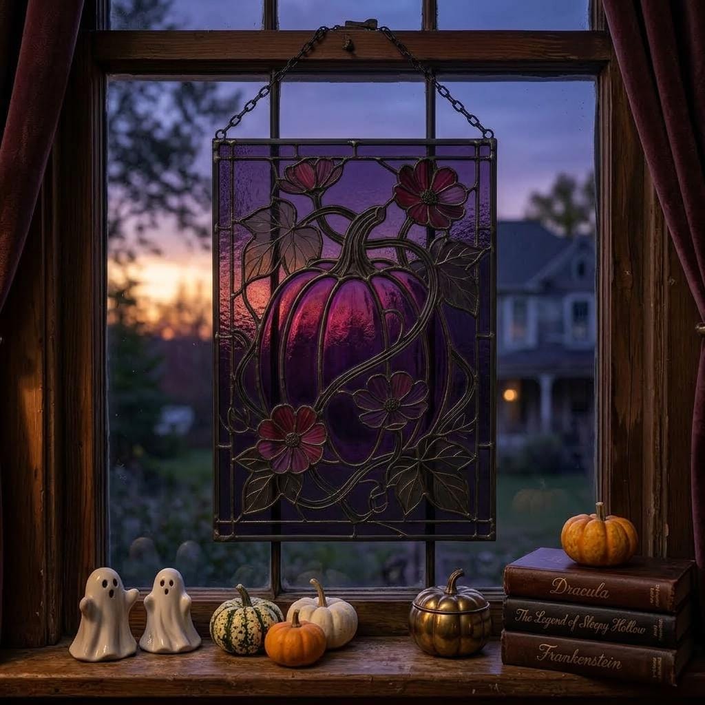 Purple Floral Pumpkin Glass Suncatcher