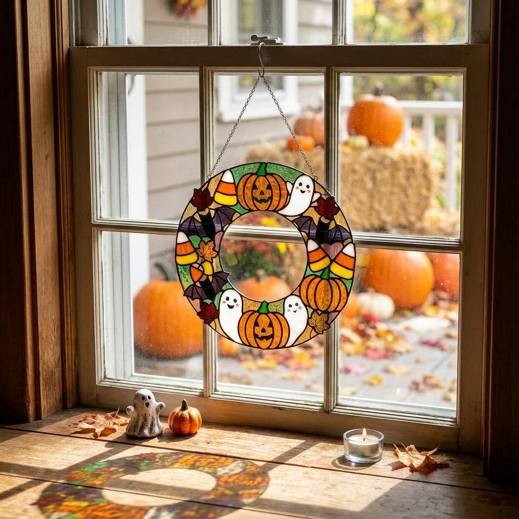 Pumpkin Party Wreath Glass Suncatcher