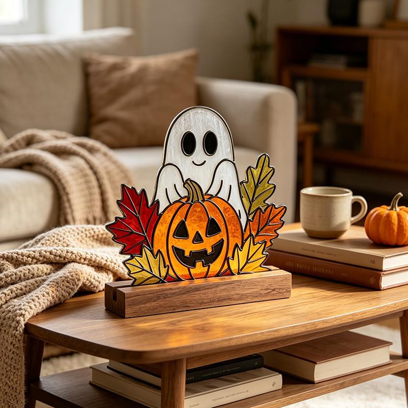 Ghost and Pumpkin Glass Decor