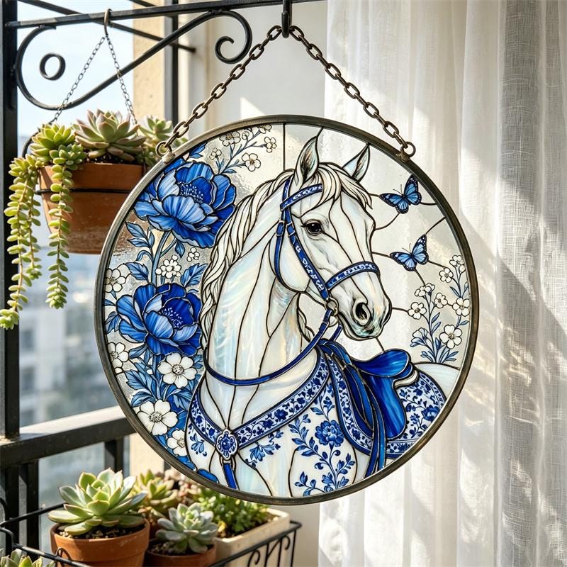 Blue Floral Horse Glass Suncatcher