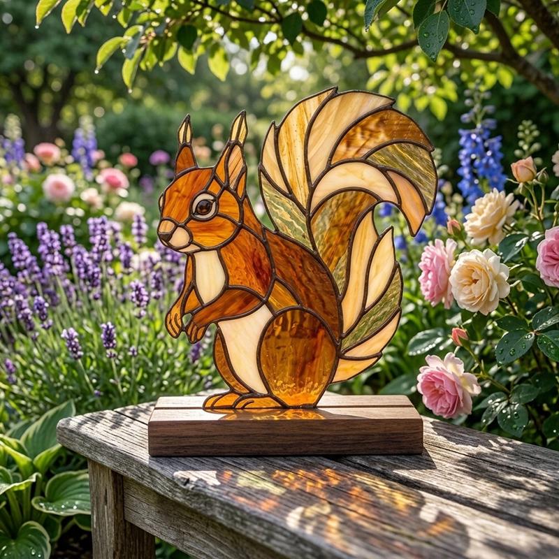 Squirrel Glass Decor with Walnut Base