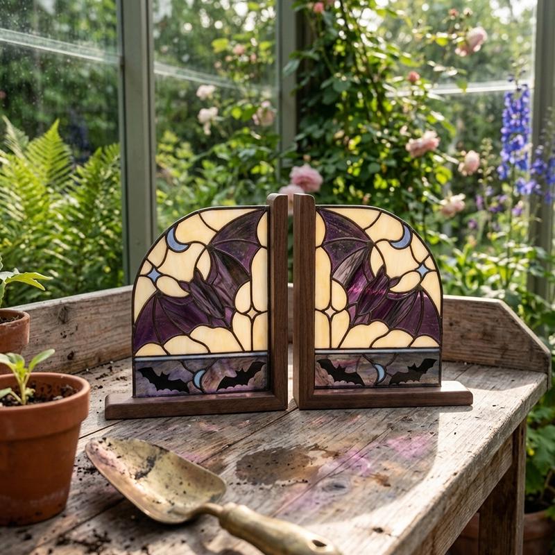 Bat and Crescent Moon Glass Bookends