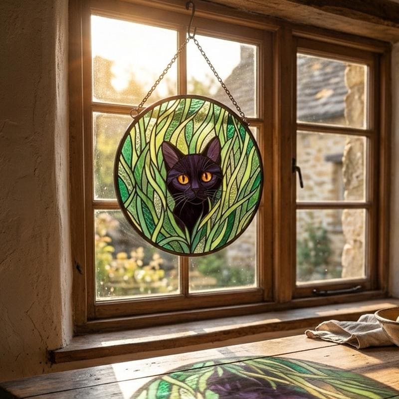Black Cat Botanical Glass Suncatcher
