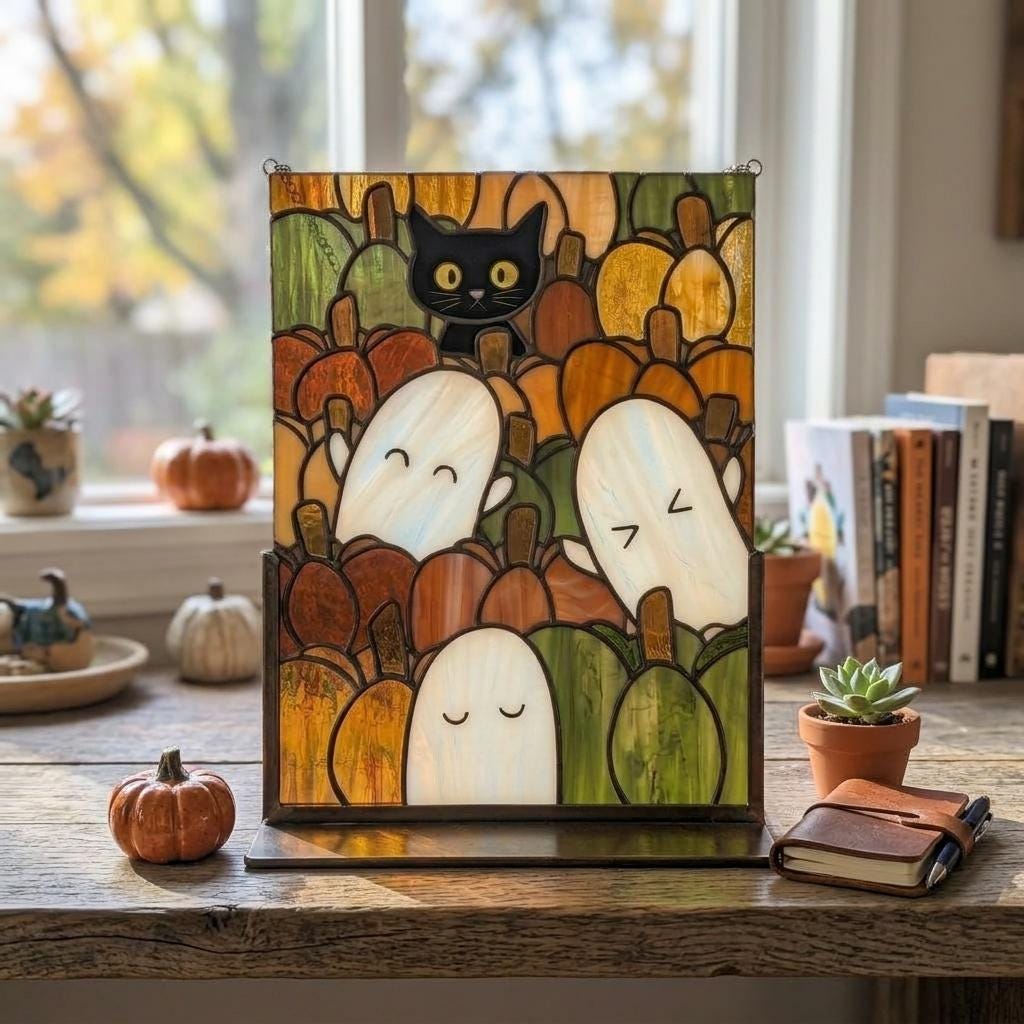 Black Cat Pumpkin Patch Suncatcher