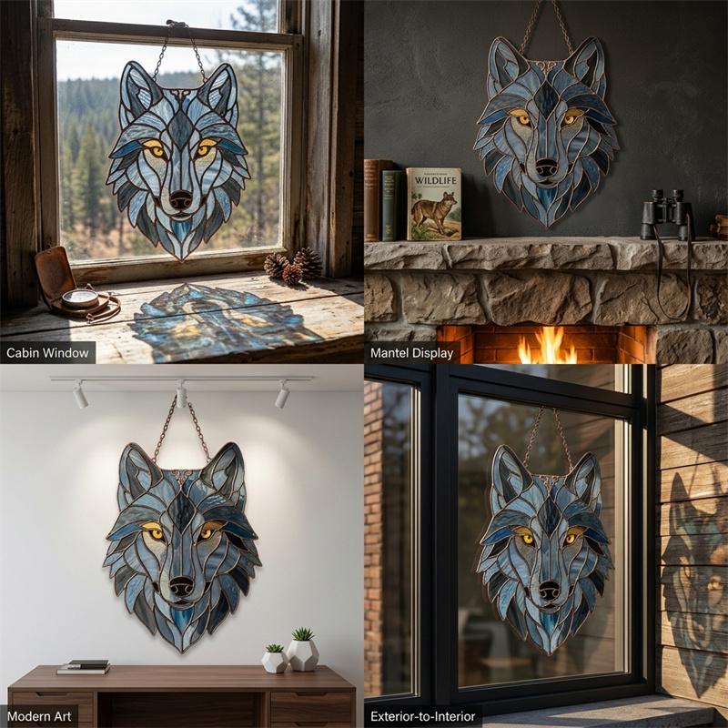 Blue and Amber Wolf Glass Suncatcher