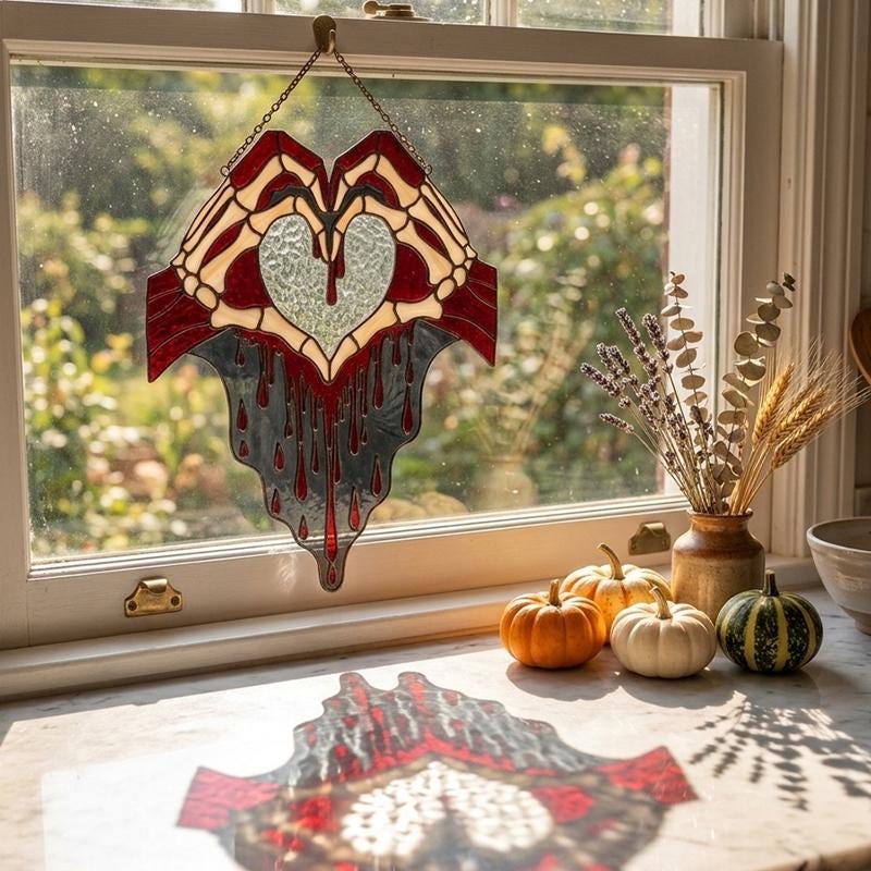 Skeleton Hands Heart Glass Suncatcher