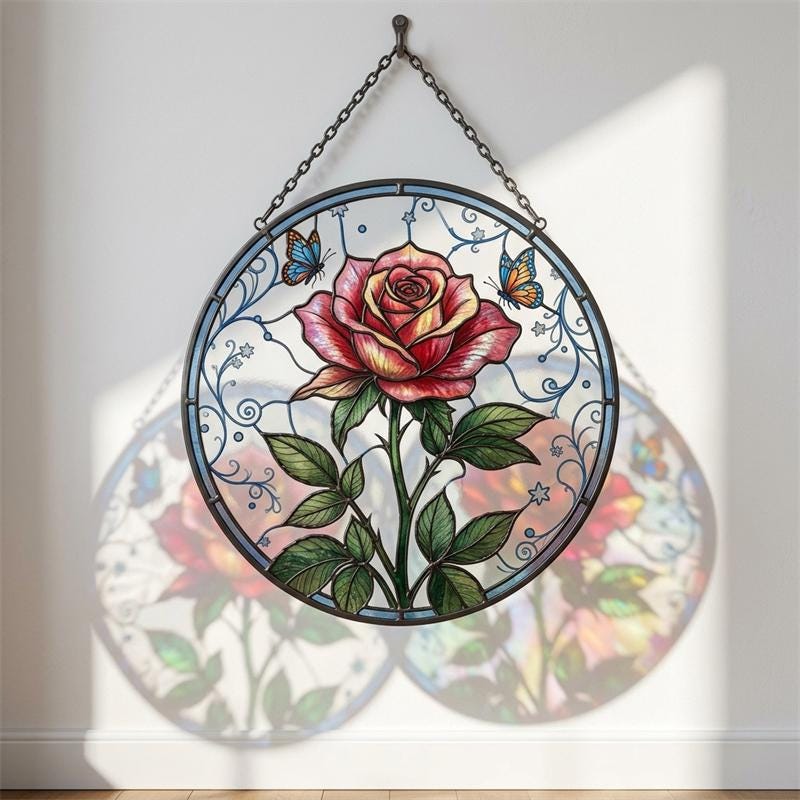 Rose and Butterfly Glass Wall Hanging
