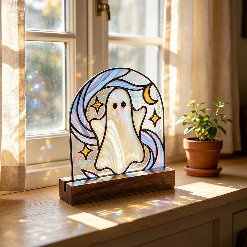 Moon and Stars Ghost Glass Suncatcher