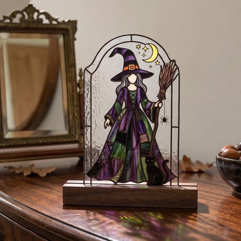 Witch and Black Cat Glass Decor