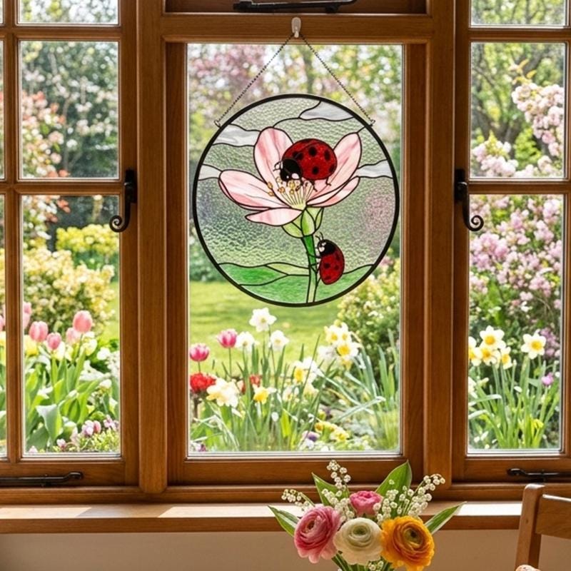 Pink Flower Ladybug Glass Suncatcher