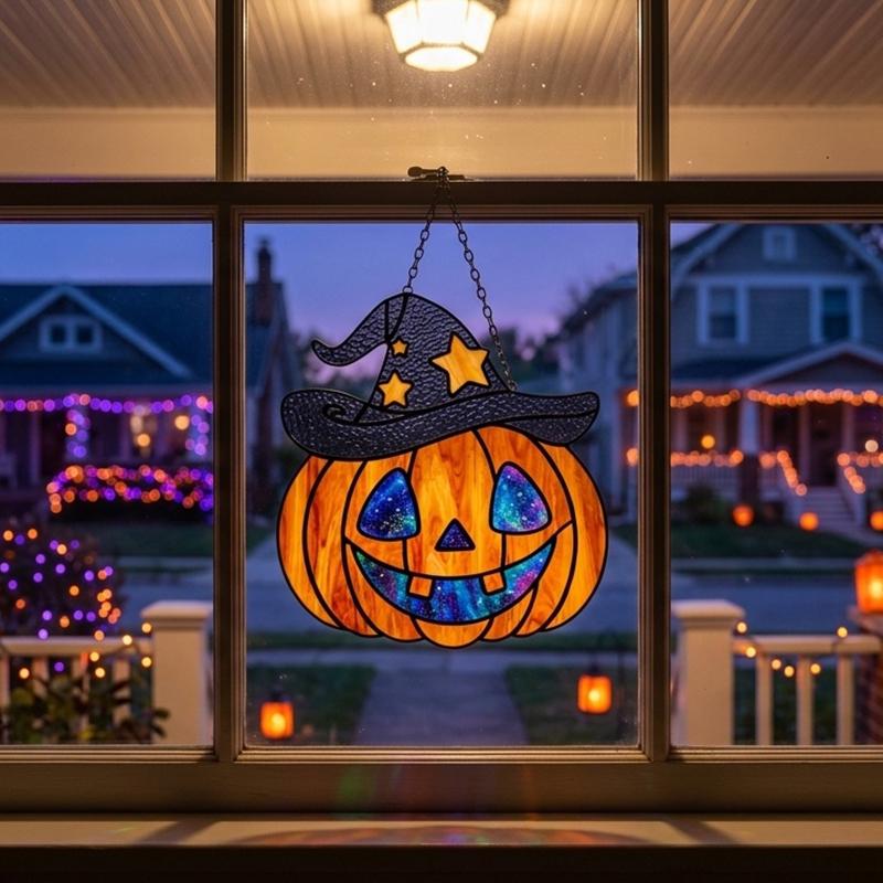 Witch Hat Pumpkin Glass Suncatcher