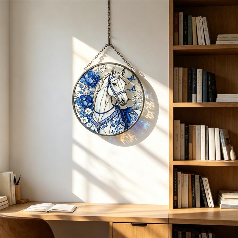 Blue Floral Horse Glass Suncatcher