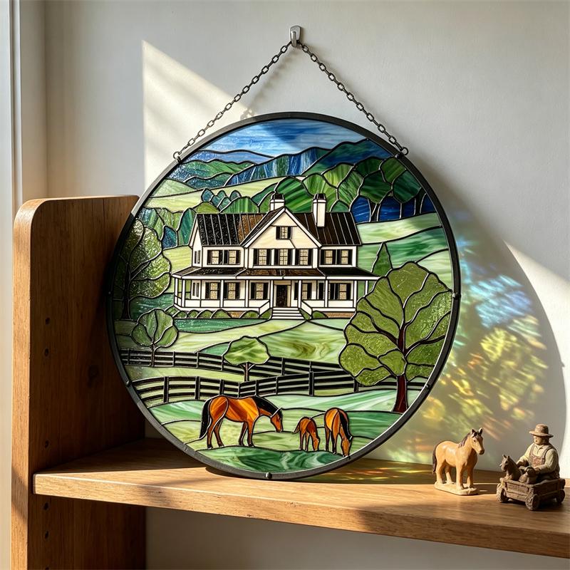 Farmhouse and Horses Glass Panel