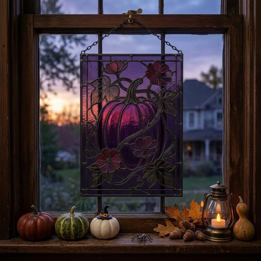Purple Floral Pumpkin Glass Suncatcher