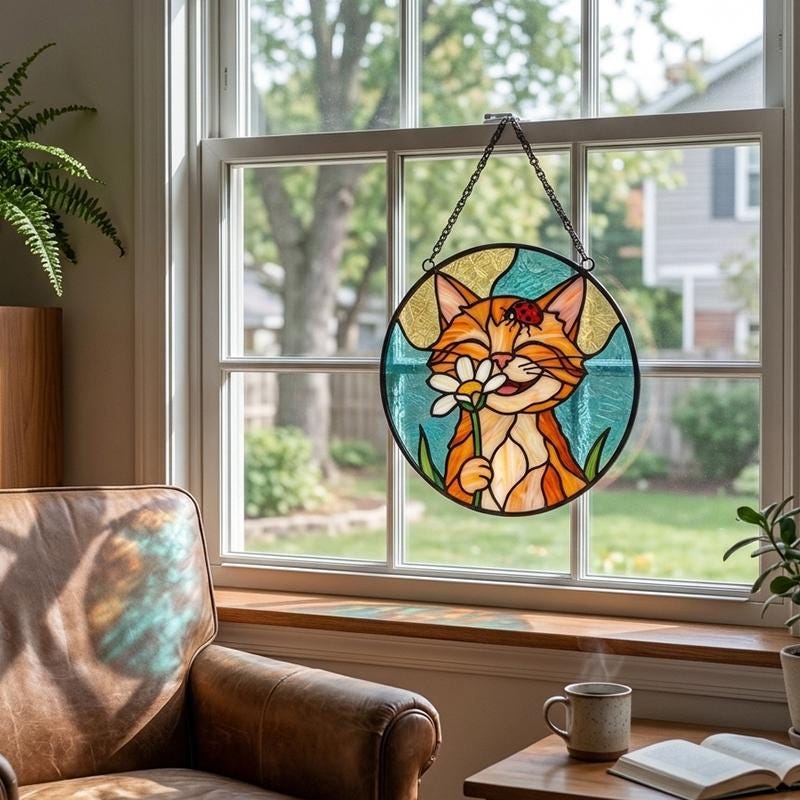 Orange Cat Daisy Glass Suncatcher