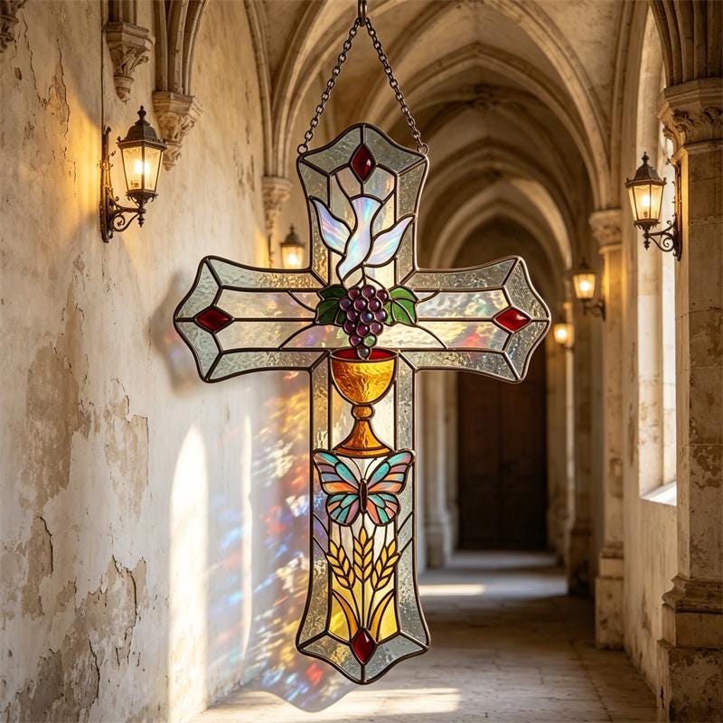 Butterfly and Grape Cross Glass Art