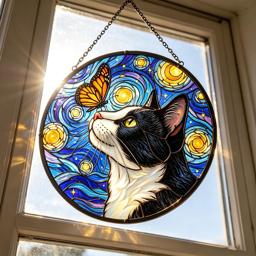 Starry Cat and Butterfly Glass Art