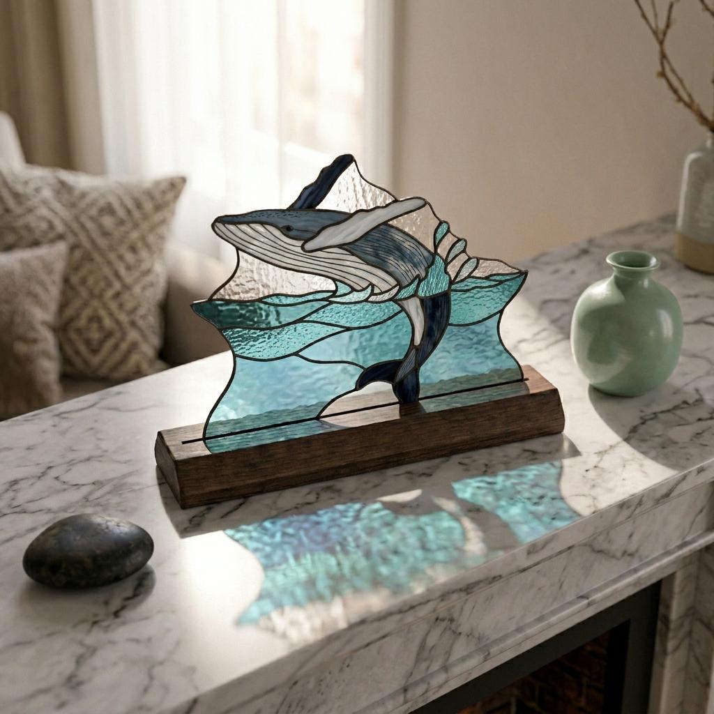 Breaching Whale and Mountain Glass Decor
