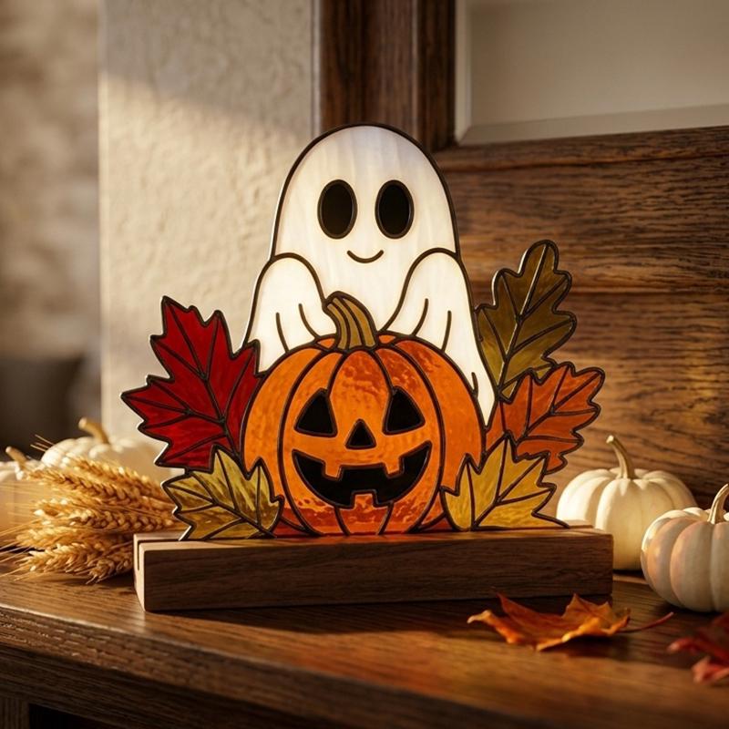 Ghost and Pumpkin Glass Decor