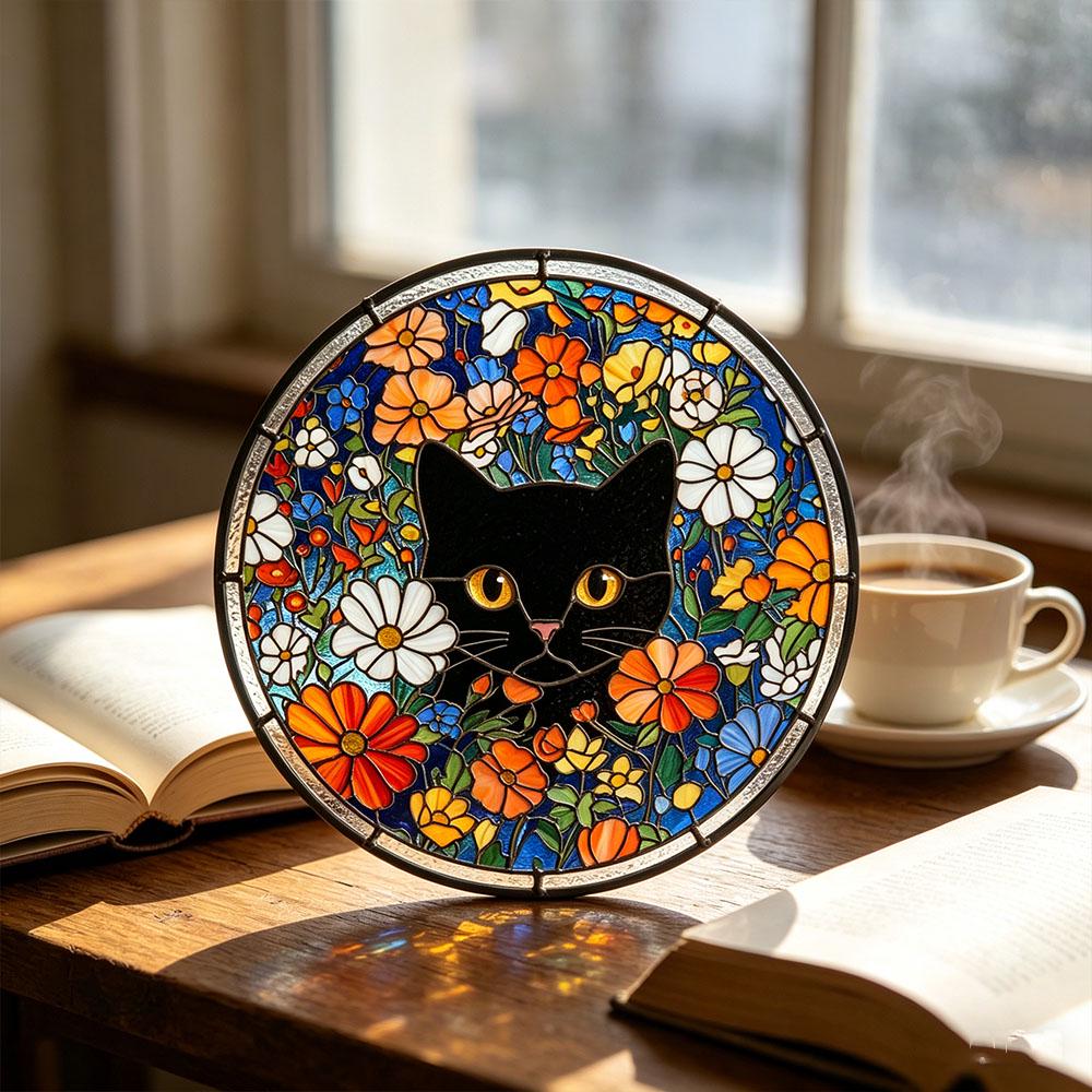 Black Cat Floral Glass Suncatcher