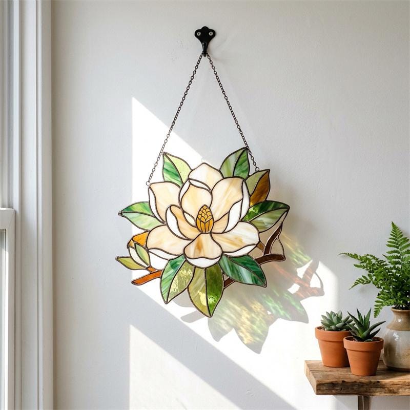 White Magnolia Glass Suncatcher