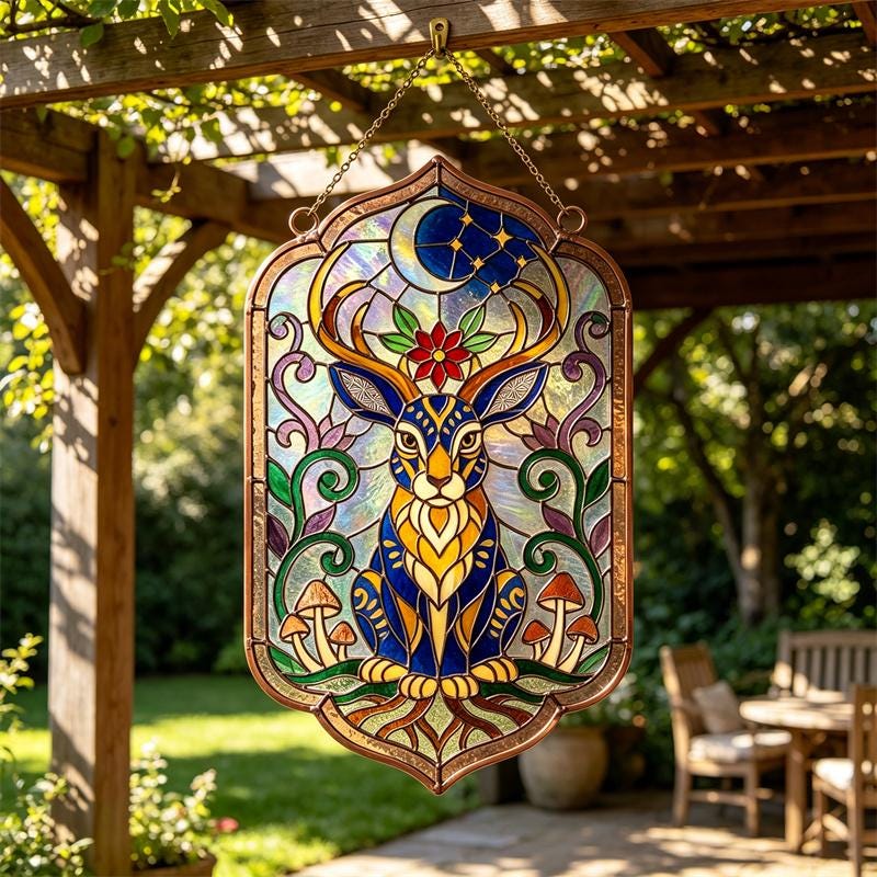 Moon and Mushroom Jackalope Glass Suncatcher