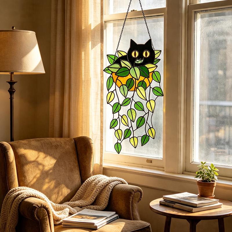 Black Cat Trailing Leaves Glass Suncatcher