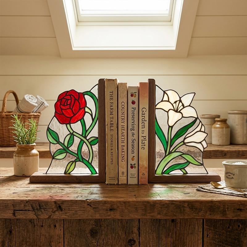 Rose and White Flower Glass Bookends