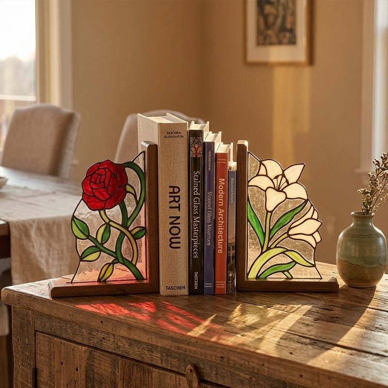 Rose and White Flower Glass Bookends