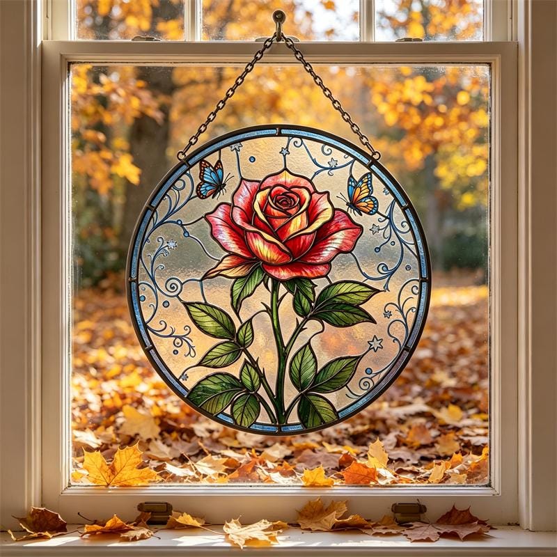 Rose and Butterfly Glass Wall Hanging