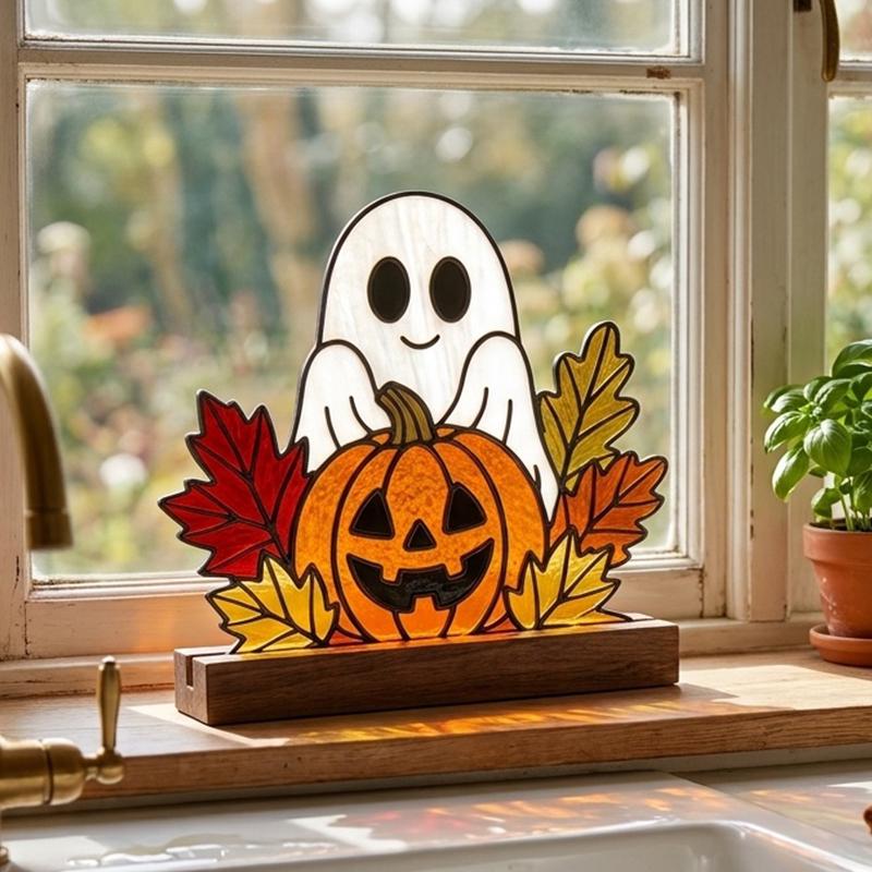 Ghost and Pumpkin Glass Decor