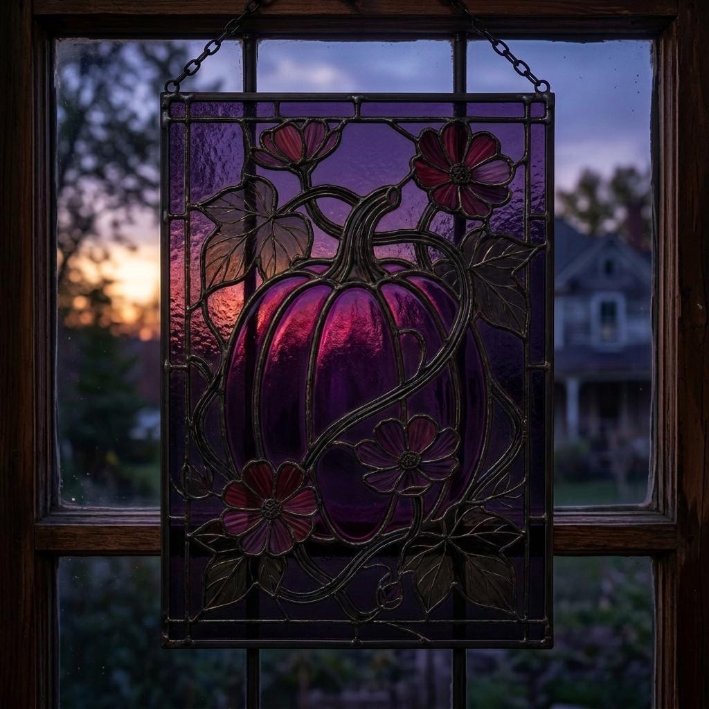 Purple Floral Pumpkin Glass Suncatcher