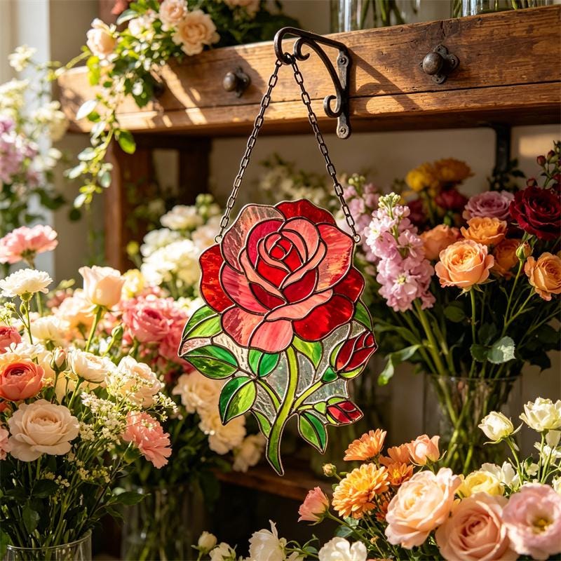 Red Rose Glass Suncatcher