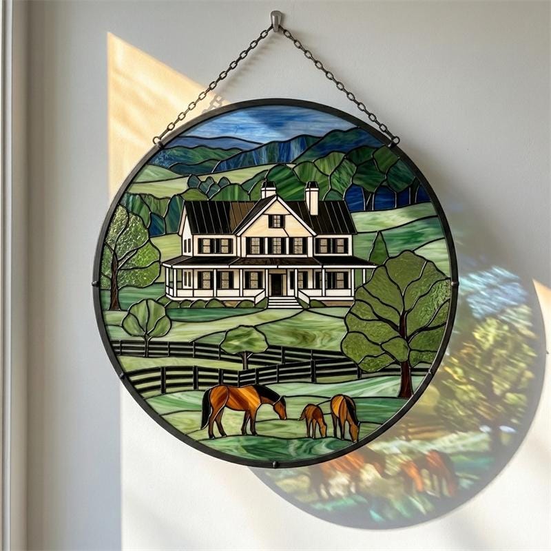 Farmhouse and Horses Glass Panel