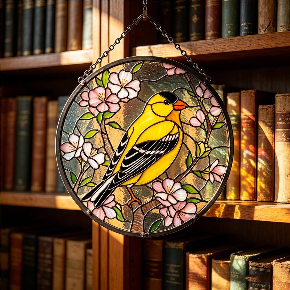Goldfinch Cherry Blossom Glass Suncatcher