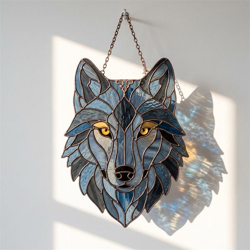 Blue and Amber Wolf Glass Suncatcher