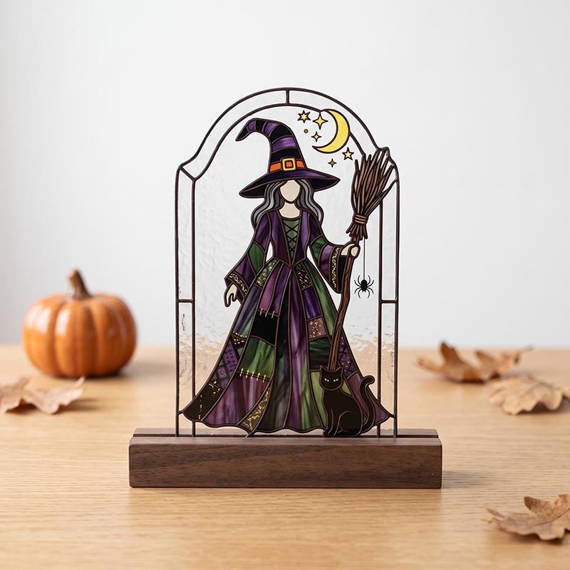 Witch and Black Cat Glass Decor