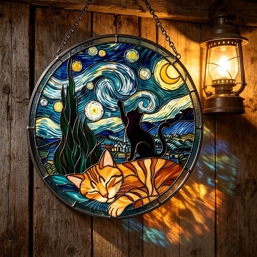 Starry Night Cats Glass Art