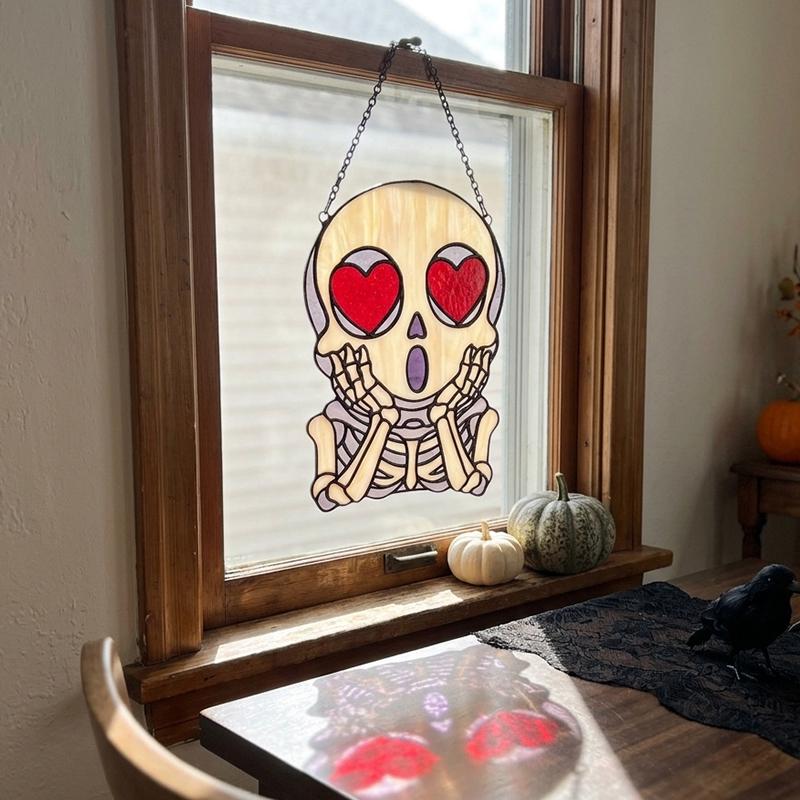 Heart-Eyed Skeleton Glass Suncatcher