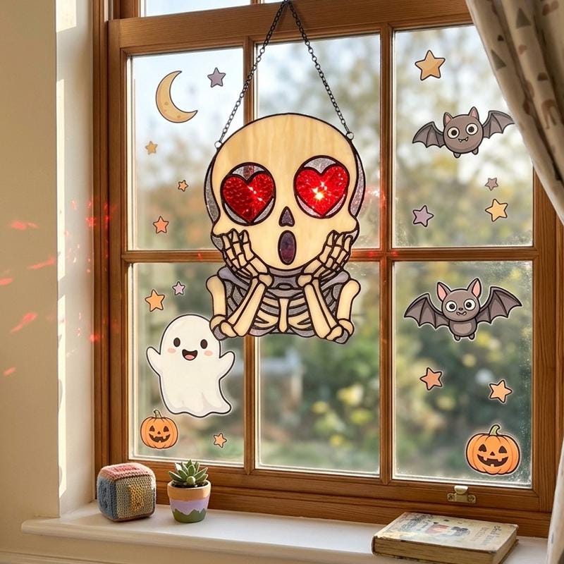 Heart-Eyed Skeleton Glass Suncatcher