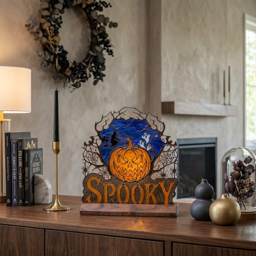Witch and Ghost Pumpkin Glass Decor