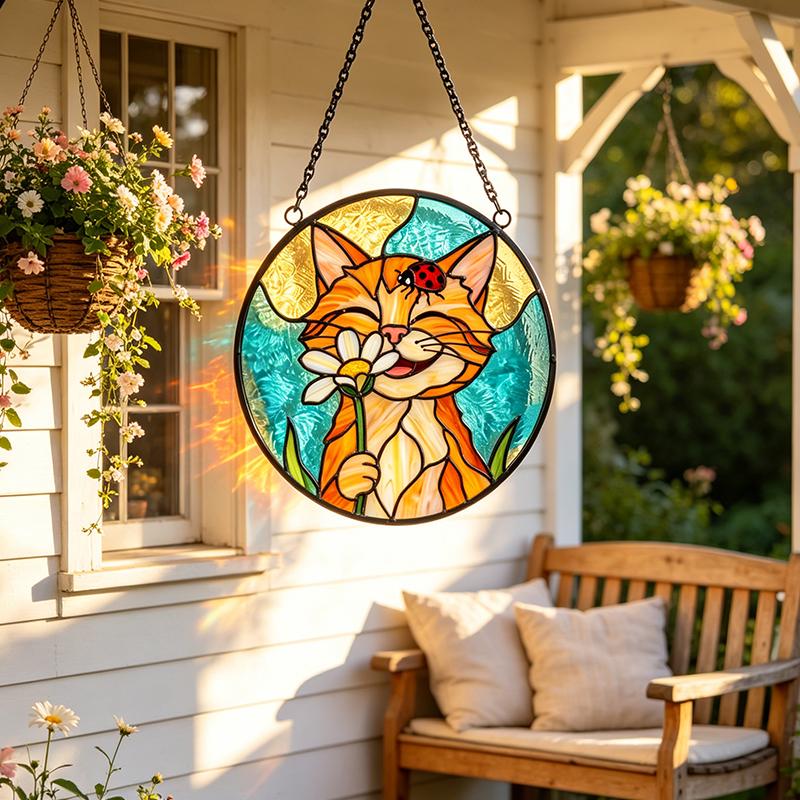 Orange Cat Daisy Glass Suncatcher