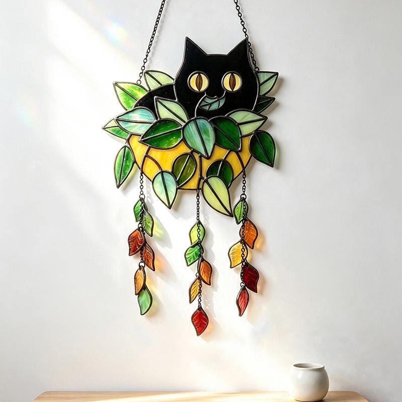 Black Cat Planter Glass Suncatcher