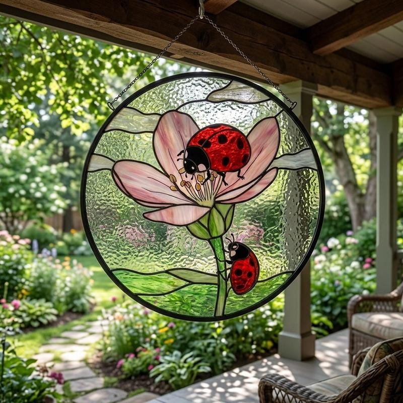 Pink Flower Ladybug Glass Suncatcher