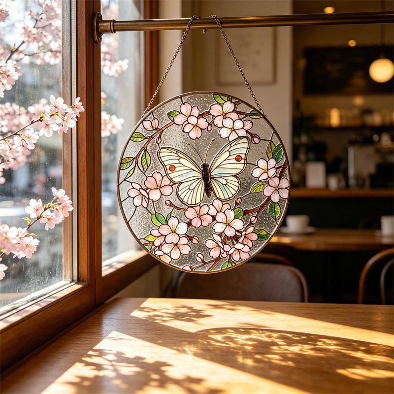 Cherry Blossom Butterfly Glass Wall Hanging