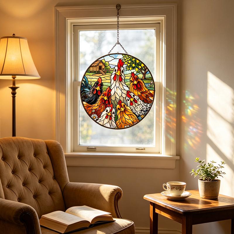 Chicken Family Glass Suncatcher